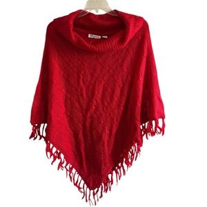Cable Knit Fringe Sweater Poncho Cowl Neck Mohair Blend OS Holiday Cozy NWOT